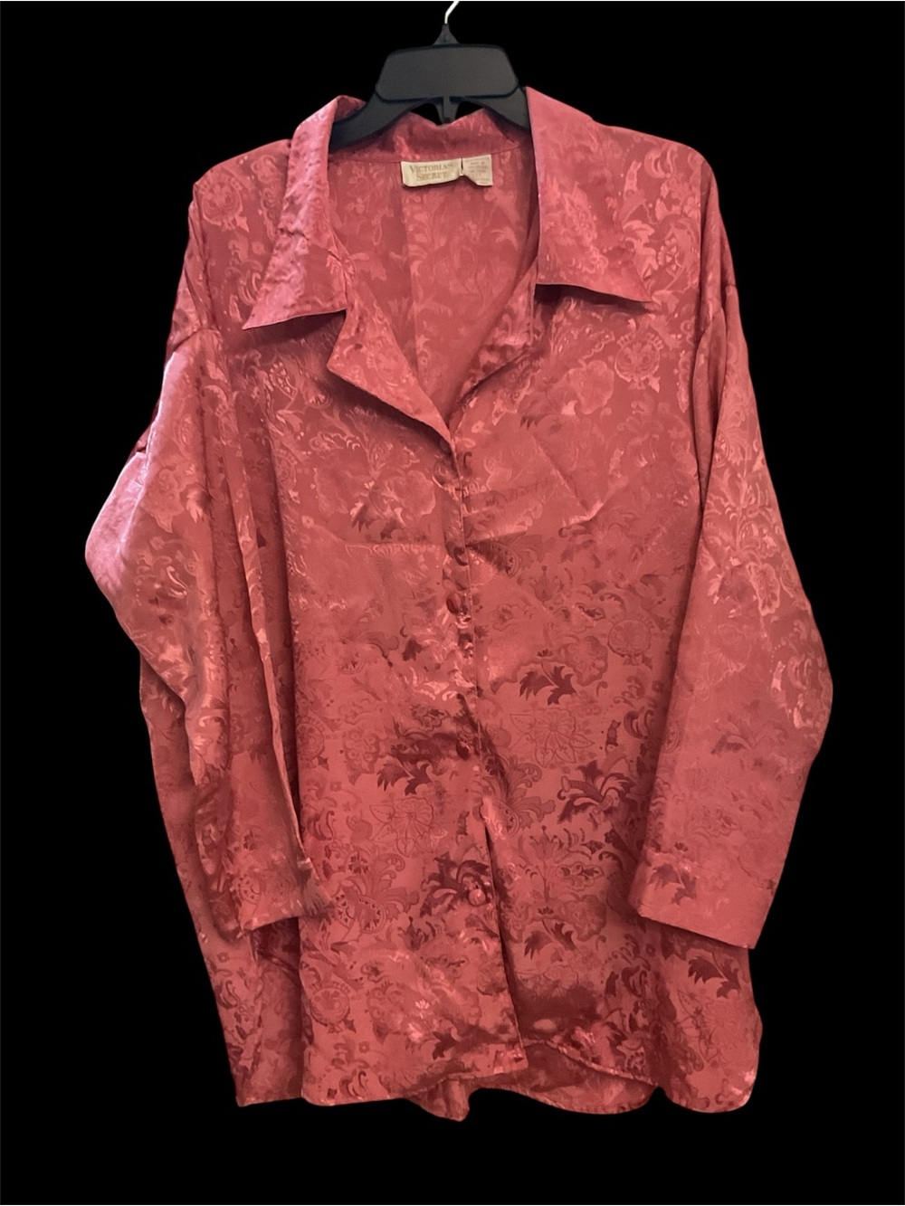 Vintage Silky Rose-Red Button-Up Jacquard Collared Night Shirt